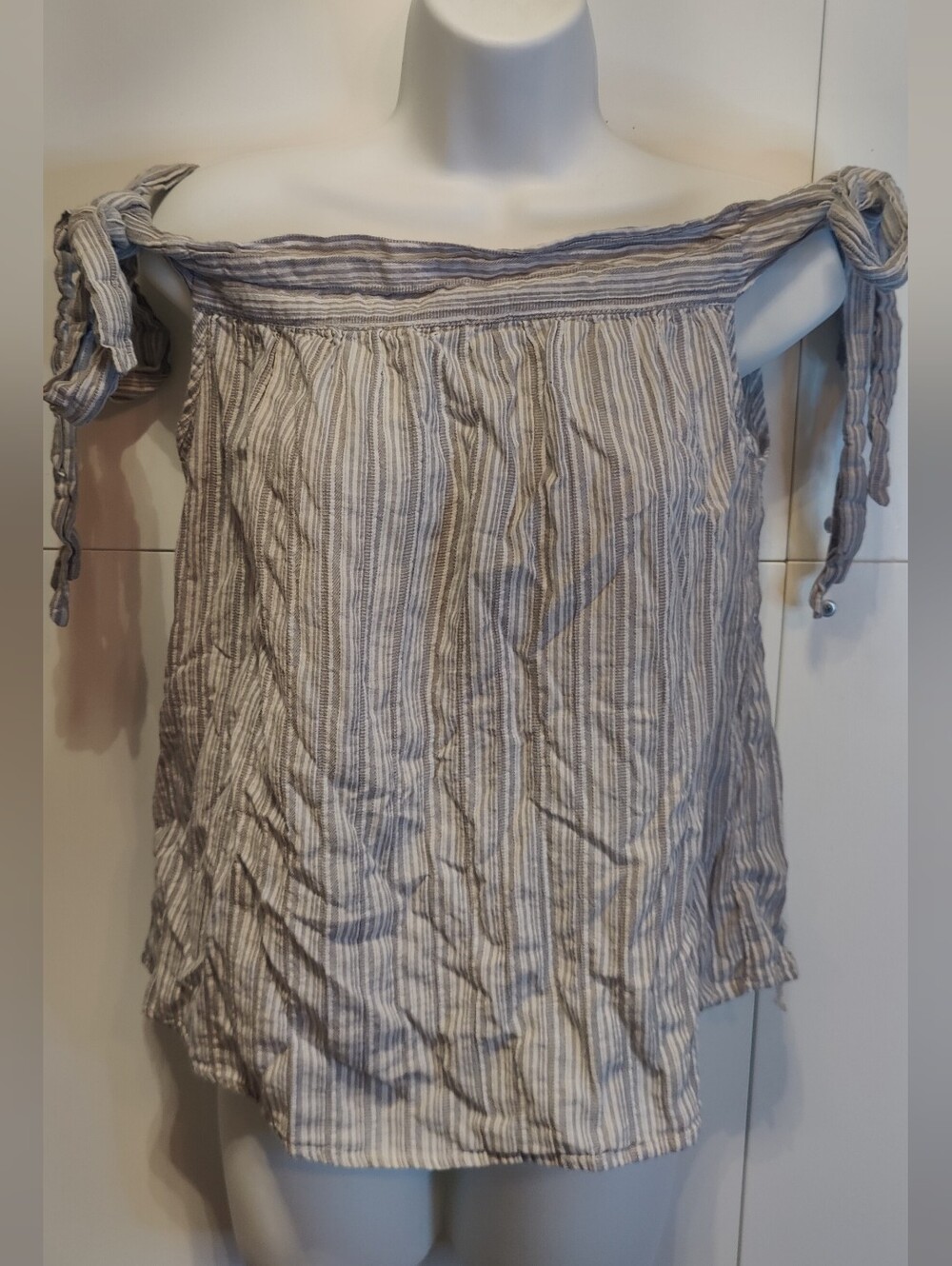 Listicle Striped Off Shoulder Tie Sleeve Top M Boho Coastal